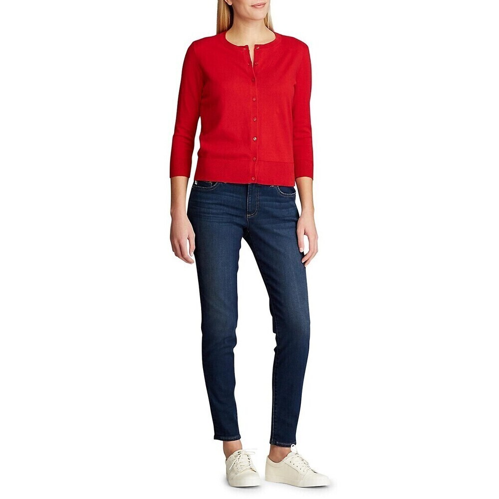 Chaps Petite Cotton Crew Neck Icon Cardigan Red Size PXS